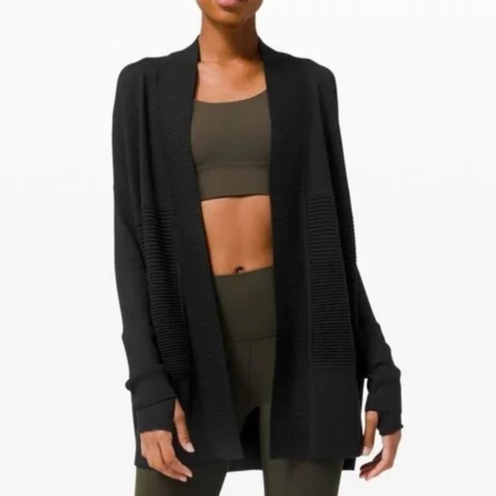 Lululemon Black Merino Wool Ribbed Sit in Lotus Wrap Cardigan Womens Size 6